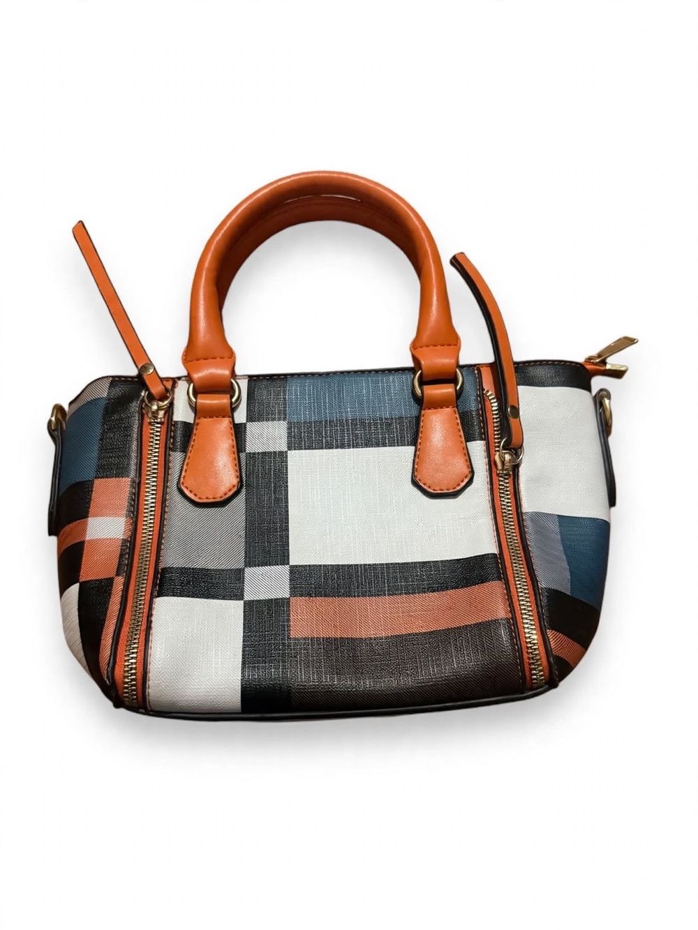 Structured Plaid Canvas Satchel with Tan Leather Trim